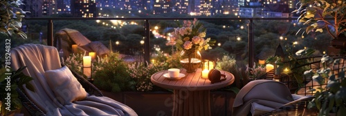 a cozy balcony is adorned with comfortable chairs, soft blankets, and a small breakfast table set beneath the stars 