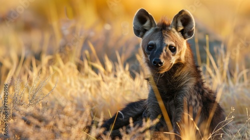 A hyena perched in the grass