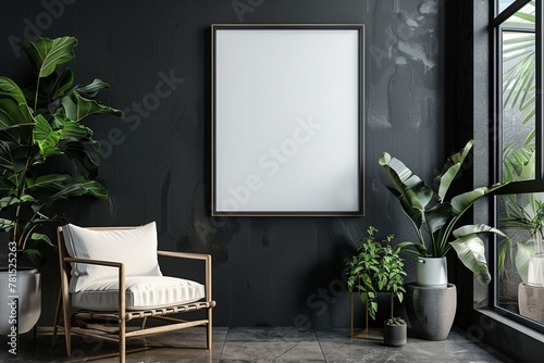 Frame mockup in modern dark home interior background, 3d render © Hamza