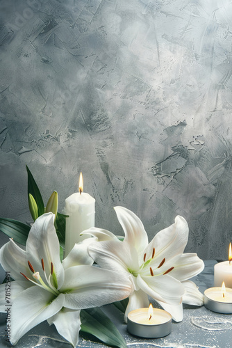 white lily and candles on a gray background