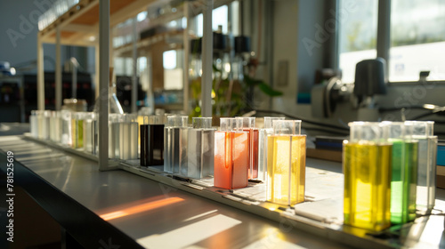 An array of experimental battery prototypes on a lab bench, each designed with different alternative materials. The sunlight streaming in illuminates the prototypes, casting soft s