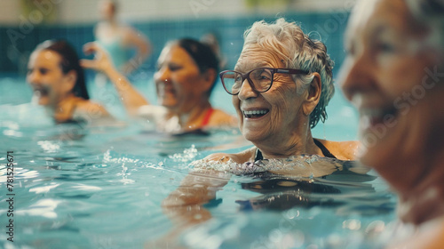 Seniors Doing Water Exercises. Group Of Elder Women At Aqua Gym Session. Joyful Group Of Friends Having Aqua Class In Swimming Pool. © Michael