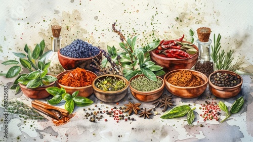 detailed watercolor study of various herbs and spices, arranged on a vintage kitchen surface