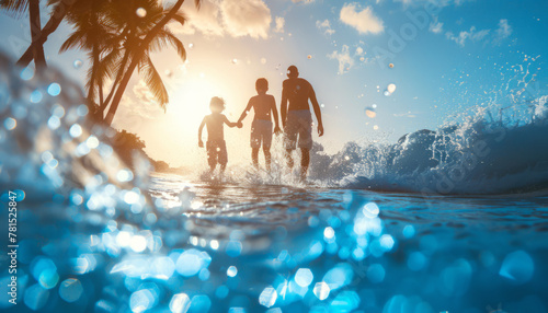 happy children swim in the sea and smile while relaxing on a wet beach on vacation.