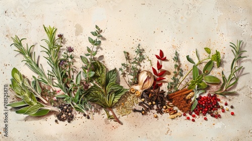 Fototapeta Naklejka Na Ścianę i Meble -  detailed and vibrant watercolor illustration of aromatic herbs and exotic spices, perfect for culinary publications and gourmet kitchen decoration