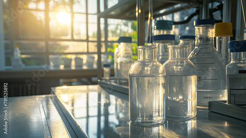 A laboratory setup for testing the efficiency of new catalysts in water purification, with clear and polluted water samples. The experiment is conducted in a well-lit room, where s photo