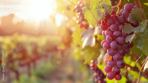 Red Wine Grapes On Vine In Summer Vineyard On Blurred Vineyard Background. Close Up With Copy Space.