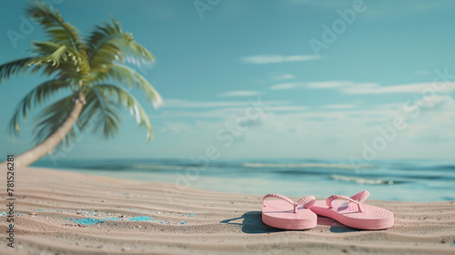 Summer vibes. Tropical landscape, beaded sandals on the beach under palm trees. Blue ocean in the background. Horizontal banner
