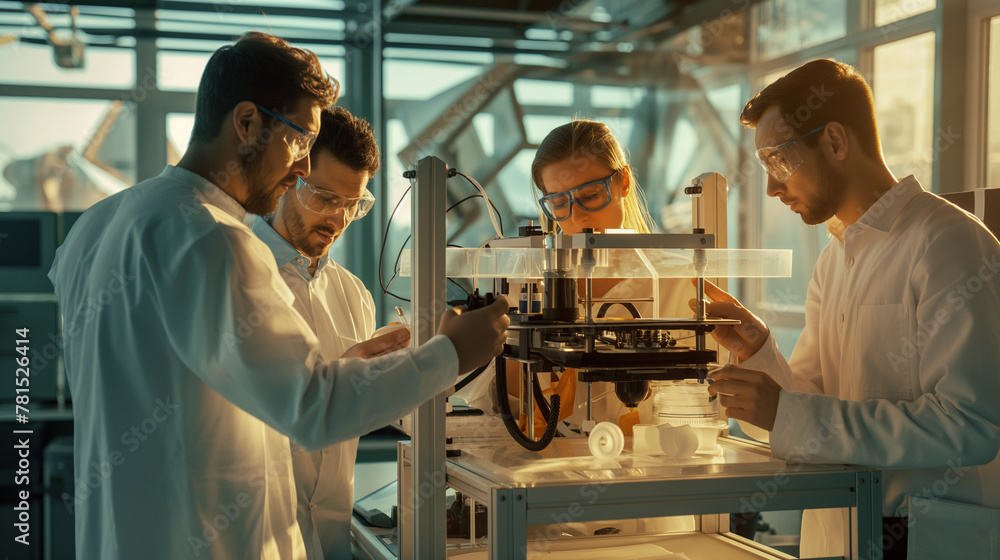 A team of scientists collaborates around a 3D bioprinter, discussing the customization of bioinks for a specific patient's organ transplant. The room is bathed in sunlight, casting A team of scientists collaborates around a 3D bioprinter, discussing the customization of bioinks for a specific patient's organ transplant. The room is bathed in sunlight, casting