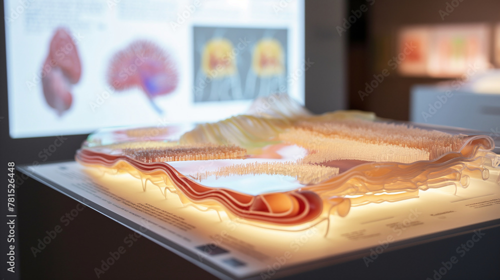 An educational display showing a cross-section of a bioink-printed organ, explaining the layers and cell types used. The display is illuminated by soft, diffused daylight, inviting An educational display showing a cross-section of a bioink-printed organ, explaining the layers and cell types used. The display is illuminated by soft, diffused daylight, inviting