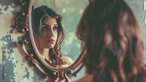 A woman gazes into a mirror, reflecting on her self-worth and autonomy, embodying concepts of self-esteem, independence, freedom, and empowerment in a symbolic setting. photo
