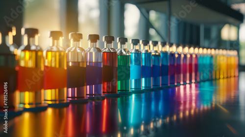 Vials of colorful bioinks lined up on a laboratory bench, each color representing a different cell type or material for 3D printing. The sunlight streaming through a nearby window