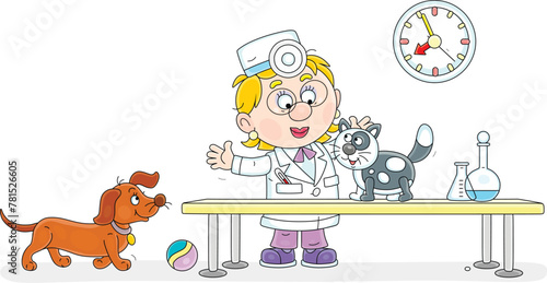 Good doctor veterinarian in a white hospital gown friendly smiling and examining funny patients cat and dog in a medical office of a veterinary clinic, vector cartoon illustration on a white backgroun