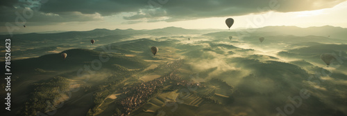 Top view of green landscape and mountain valleys and colorful hot air balloons flying in the sky, banner