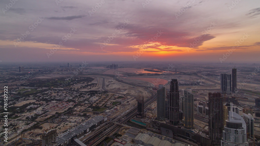 Downtown of Dubai in the morning timelapse during sunrise. Aerial view with towers and skyscrapers