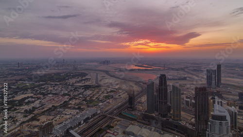 Downtown of Dubai in the morning timelapse during sunrise. Aerial view with towers and skyscrapers © neiezhmakov