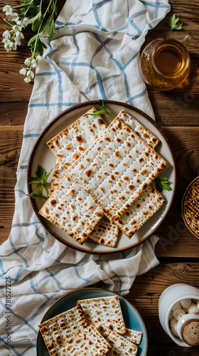 Happy Passover - Happy Pesach. Traditional Passover bread on wooden table. Vertical banner, tiktok or instastory background