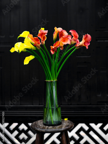 Isolated vase of red and yellow calla lilies