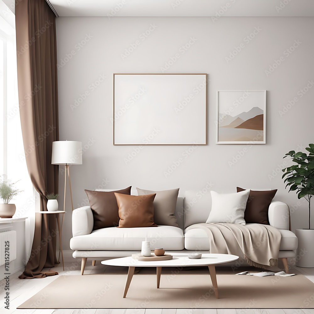 Living room with white empty walls - light mockup for canvas art. Accent brown pillow and curtain details. Scandinavian modern minimal interior design lounge Livingroom home or office. 3d rendering Living room with white empty walls - light mockup for canvas art. Accent brown pillow and curtain details. Scandinavian modern minimal interior design lounge Livingroom home or office. 3d rendering