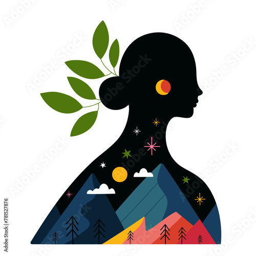 Vector illustration with woman, mountains, abstract elements, stars, pine trees and planets. Collage style apparel print design, wall decoration poster nature lover template. Mother nature concept art © julymilks