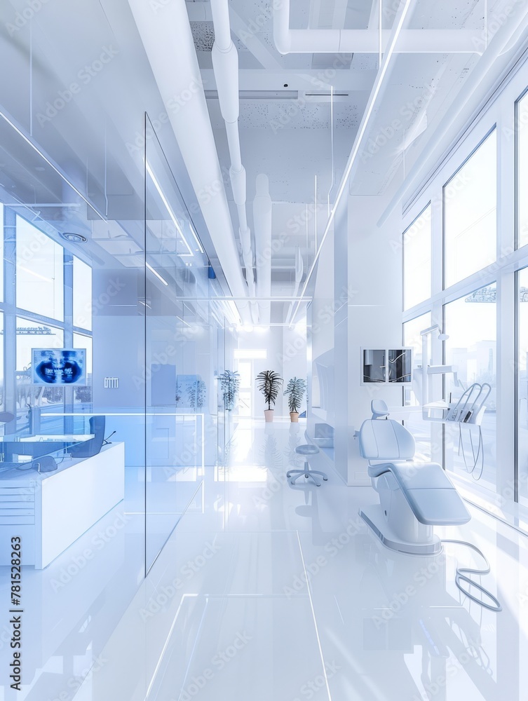 In this futuristic dental office, a sleek and modern aesthetic prevails with white walls and accents of blue, creating a calming atmosphere
In this futuristic dental office, a sleek and modern aesthetic prevails with white walls and accents of blue, creating a calming atmosphere