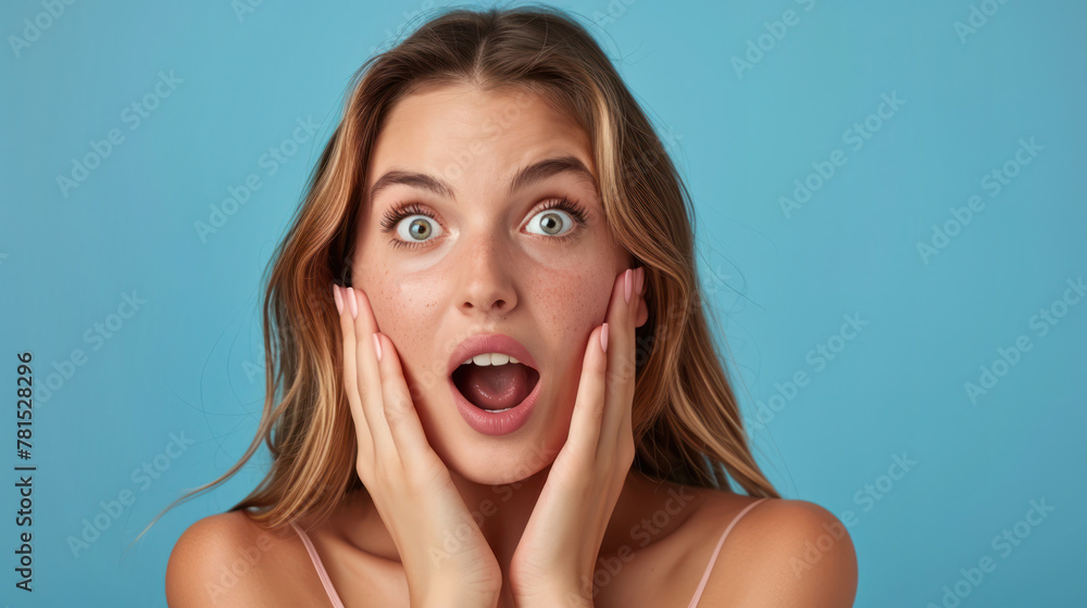 A young woman with an astonished expression, hands on cheeks against a blue background. A young woman with an astonished expression, hands on cheeks against a blue background.