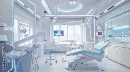 In this futuristic dental office, a sleek and modern aesthetic prevails with white walls and accents of blue, creating a calming atmosphere  © cristian