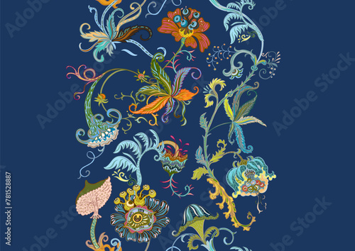 Fantasy, alien hypnotic flowers, decorative flowers and leaves. Cartoon style. Millefleurs trendy floral design. Seamless pattern, background. Outline hand drawing vector illustration.