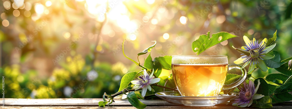 cup of passionflower tea on the background of nature - obrazy, fototapety, plakaty 
