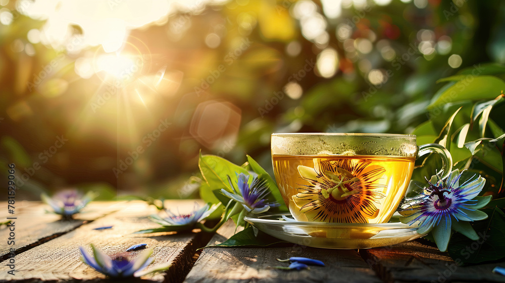 cup of passionflower tea on the background of nature cup of passionflower tea on the background of nature