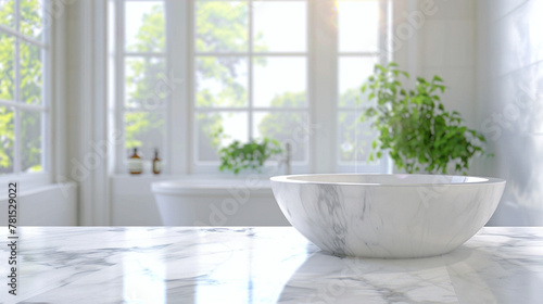 White Bathroom Marble Countertop With Copy Space On Blurred Window Background © Michael