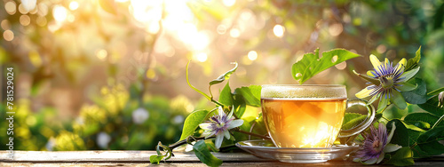 cup of passionflower tea on the background of nature photo
