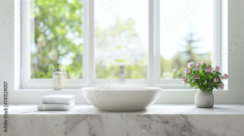 White Bathroom Marble Countertop With Copy Space On Blurred Window Background