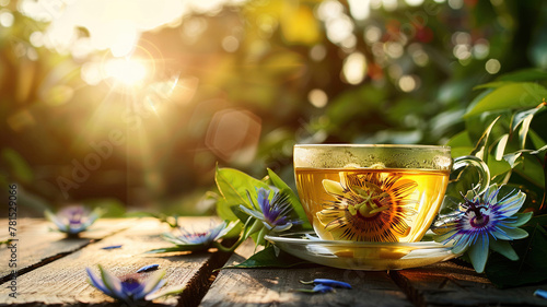 cup of passionflower tea on the background of nature