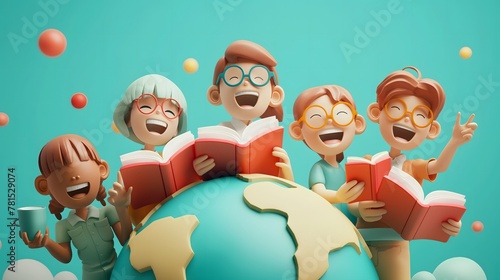3d illustration of Joyful friend's enjoying and reading books. World book day concept. Generative AI.