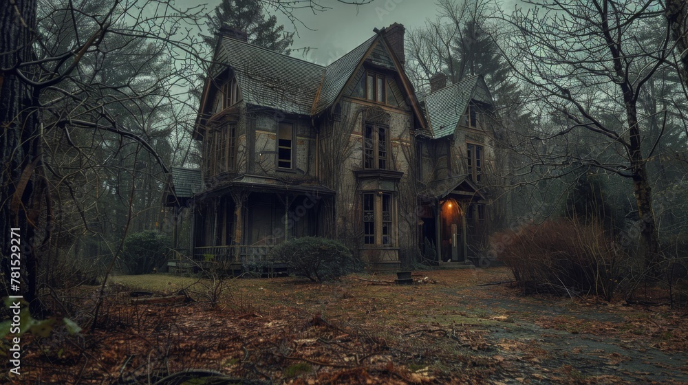 Abandoned Victorian-style mansion surrounded by barren trees under a gloomy sky creates an eerie atmosphere