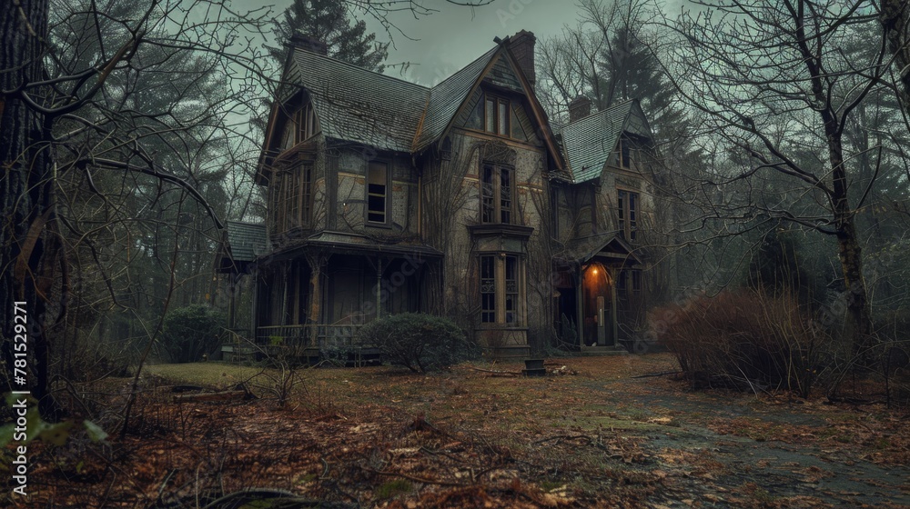 Abandoned Victorian-style mansion surrounded by barren trees under a gloomy sky creates an eerie atmosphere Abandoned Victorian-style mansion surrounded by barren trees under a gloomy sky creates an eerie atmosphere