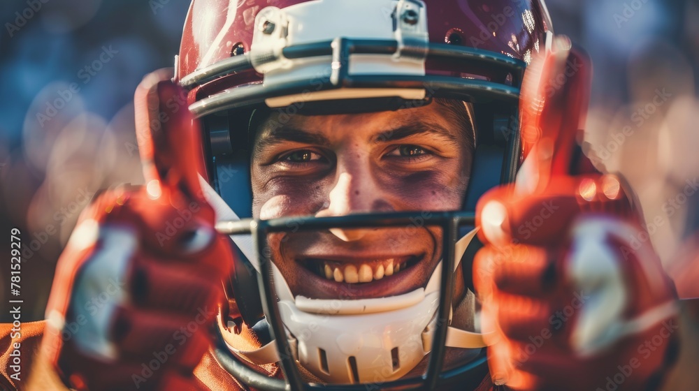 Close-up of a soccer player in a red helmet and gloves giving two thumbs up Close-up of a soccer player in a red helmet and gloves giving two thumbs up