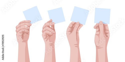 Arms raised hands holding a speech bubble paper blank set. Man or woman palm can holding anything you want. Collection of templates for messages, advertising, notes, reminders. Realistic anime style.