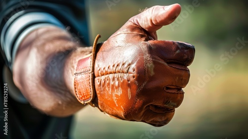 Vintage brown leather baseball glove with thumbs up gesture © Олег Фадеев