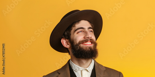 Portrait of a happy young jewish men with festival celebration pesach passover isolated on yellow studio background.