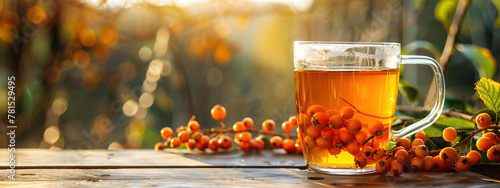 tea with sea buckthorn on the background of nature photo