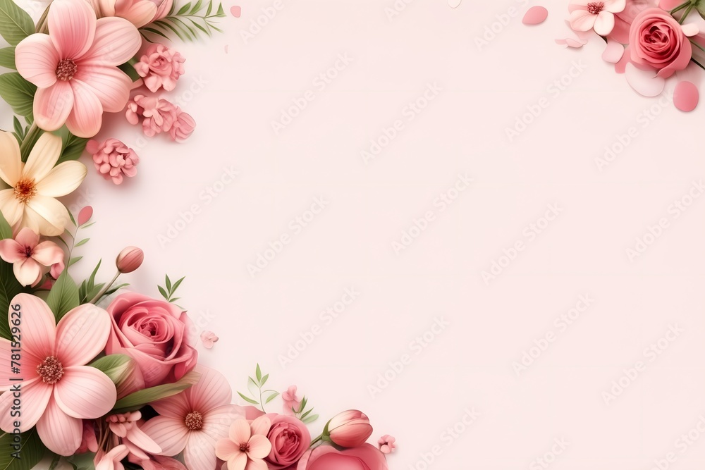 Lovely background with flowers, Valentine's Day, Easter, Birthday, Happy Women's Day, Mother's Day. Flat lay, top view, copy space for text Lovely background with flowers, Valentine's Day, Easter, Birthday, Happy Women's Day, Mother's Day. Flat lay, top view, copy space for text