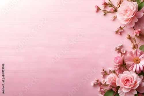 Pink lovely background with flowers, Valentine's Day, Easter, Birthday, Happy Women's Day, Mother's Day. Flat lay, top view, copy space for text