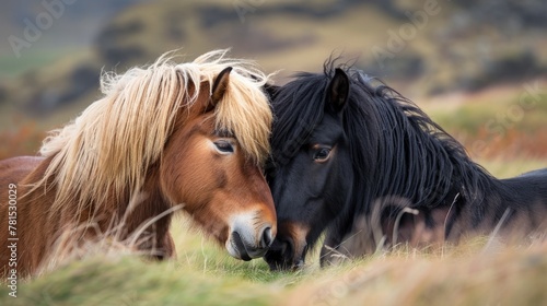 Two horses standing grass together