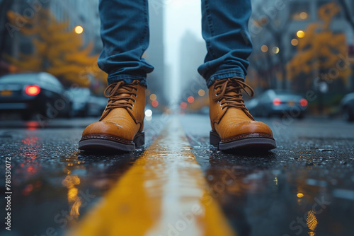 Rainy weather. Male legs in sneakers or boots walking through the rain puddle on the asphalt road, top view. Film grain photo.