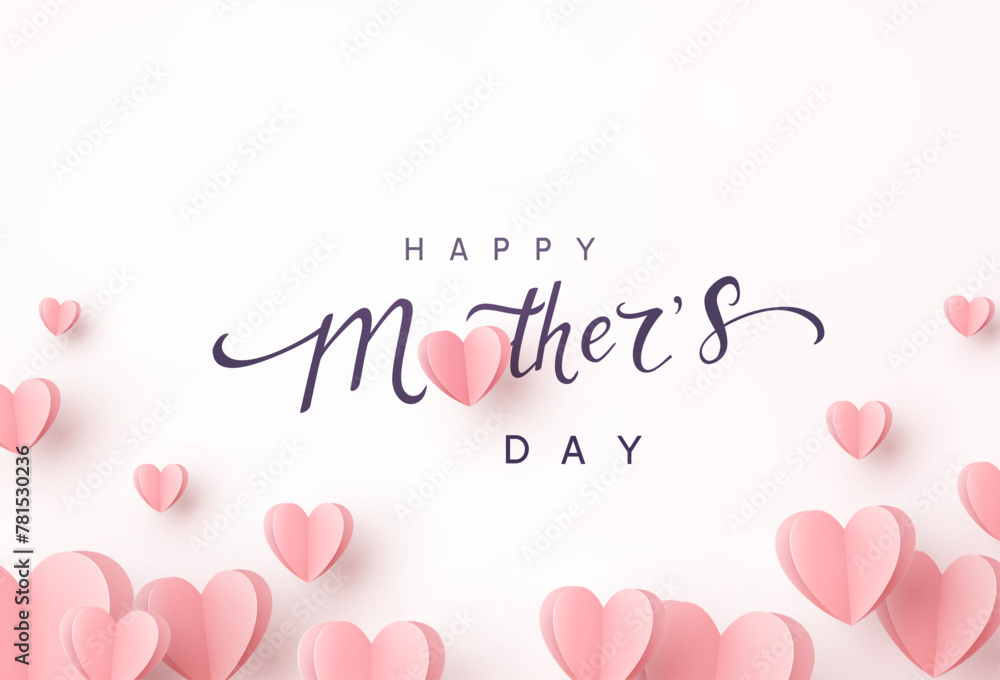 Mother's day postcard with paper flying elements and calligraphy text on light pink background. Vector symbols of love in shape of heart for greeting card, cover, ad, label design