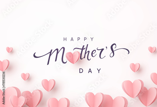 Mother's day postcard with paper flying elements and calligraphy text on light pink background. Vector symbols of love in shape of heart for greeting card, cover, ad, label design © Kindlena