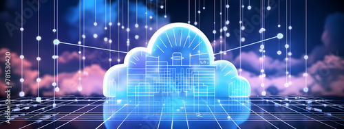 cloud computing technology concept transfer database to cloud. There is a prominent large cloud icon in the center and a small white icon on the connected polygons with a dark blue background.