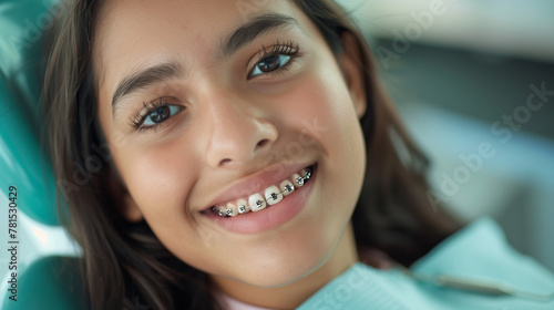 A close up photo portrait of smiling teenager girl in dental braces, sitting in dentist’s chair, orthodontist visit, beautiful teeth in brace system, young hispanic woman with blue dentist napkin